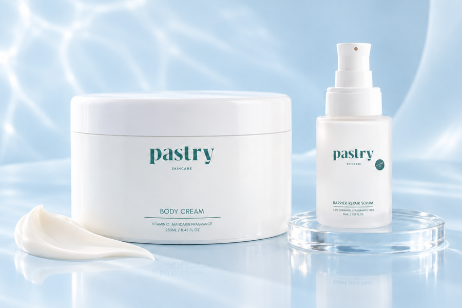 Pastry Dry & Dull Skin collection featuring Vitamin C Body Cream, Barrier Repair Serum – 1.5% Ceramide on a powder blue background