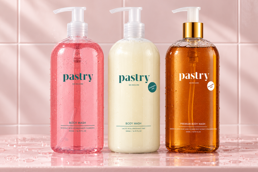 Pastry Body Wash collection featuring Glycolic Acid Body Wash, Lactic Acid Body Wash, Mandelic Acid Body Wash on a soft blush background